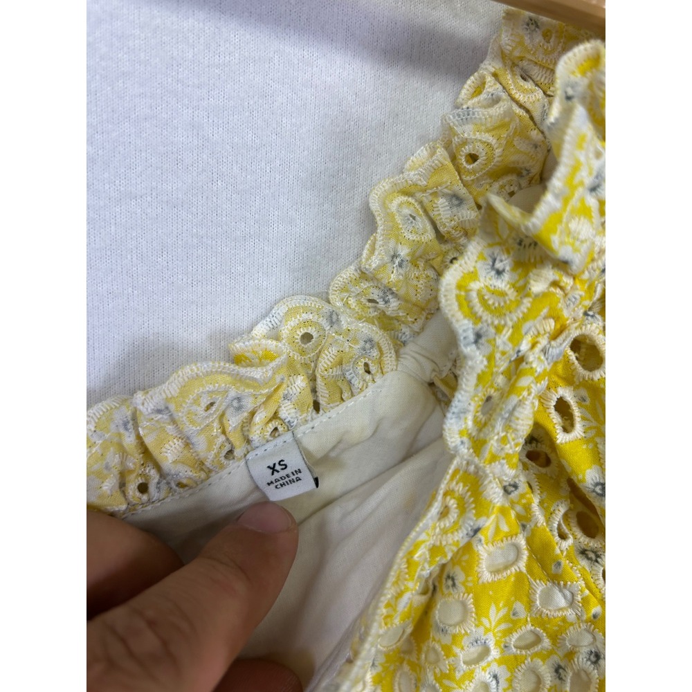 Cottagecore LINI Women XS Yellow Floral Eyelet Puff Sleeve Mini Dress Sweetheart - Picture 4 of 11